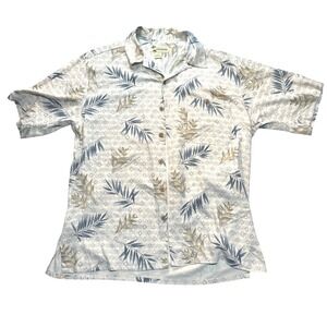Cafe Havana Men Large 100% Silk Tropical Palm Leaf Button Up Camp Shirt Blue Tan